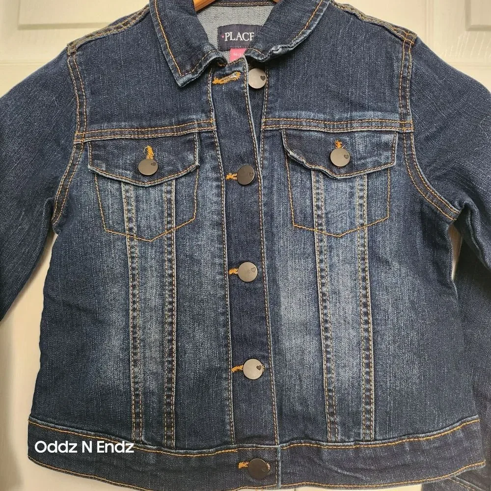 Childrens Place Dark Blue Denim Jacket M 7/8 girl Long Sleeve Button Up With Poc